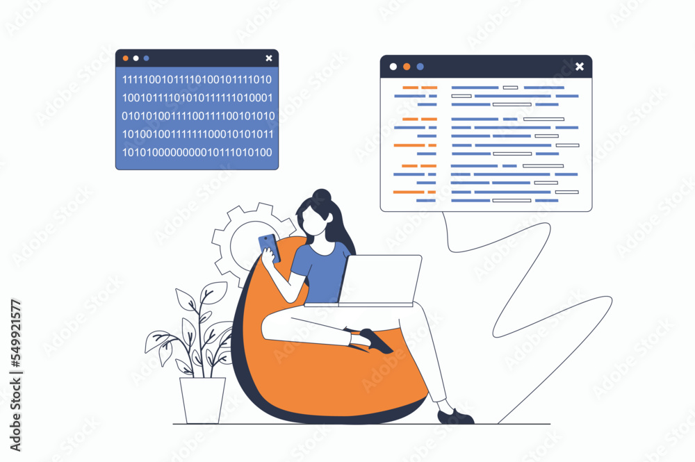 Fototapete Programmers working concept with people scene in flat outline design. Woman working with code on different screens, optimizes and tests. Vector illustration with line character situation for web