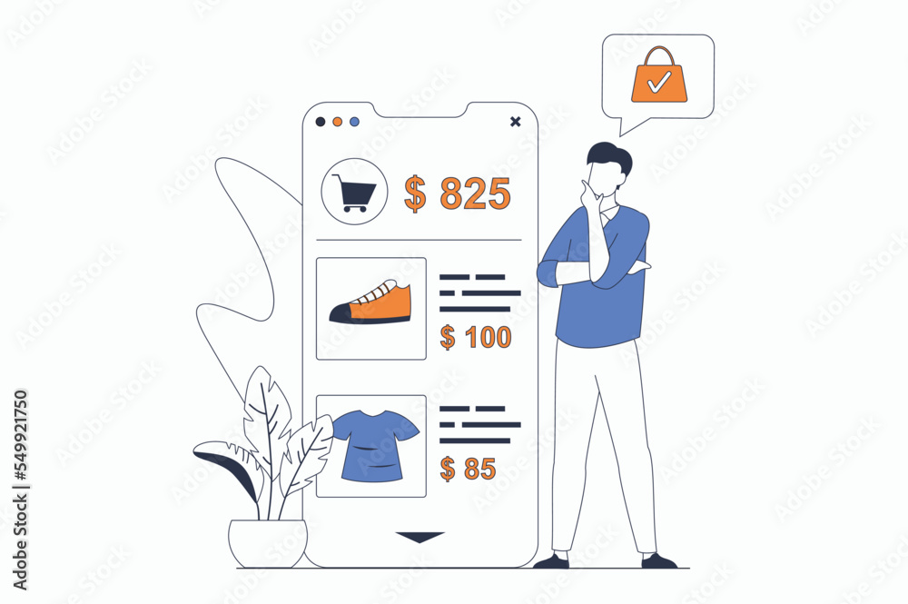 Poster Online shopping concept with people scene in flat outline design. Man chooses goods on store website and makes order in mobile application. Vector illustration with line character situation for web
