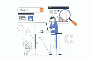 Seo optimization concept with people scene in flat outline design. Man settings site metrics, analyzes webpage data and optimizes settings. Vector illustration with line character situation for web