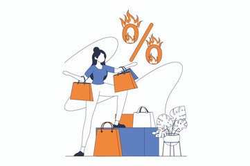 Shopping concept with people scene in flat outline design. Woman buys goods at seasonal sale in shops at bargain prices with big discounts. Vector illustration with line character situation for web