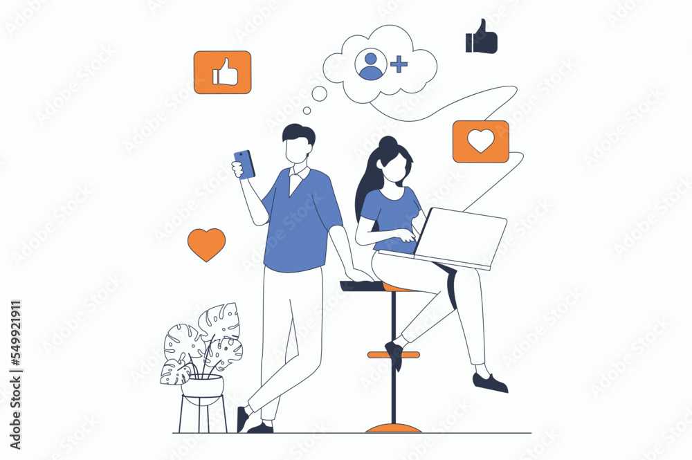 Poster Social network concept with people scene in flat outline design. Man and woman view new posts, put likes and hearts and write comments. Vector illustration with line character situation for web