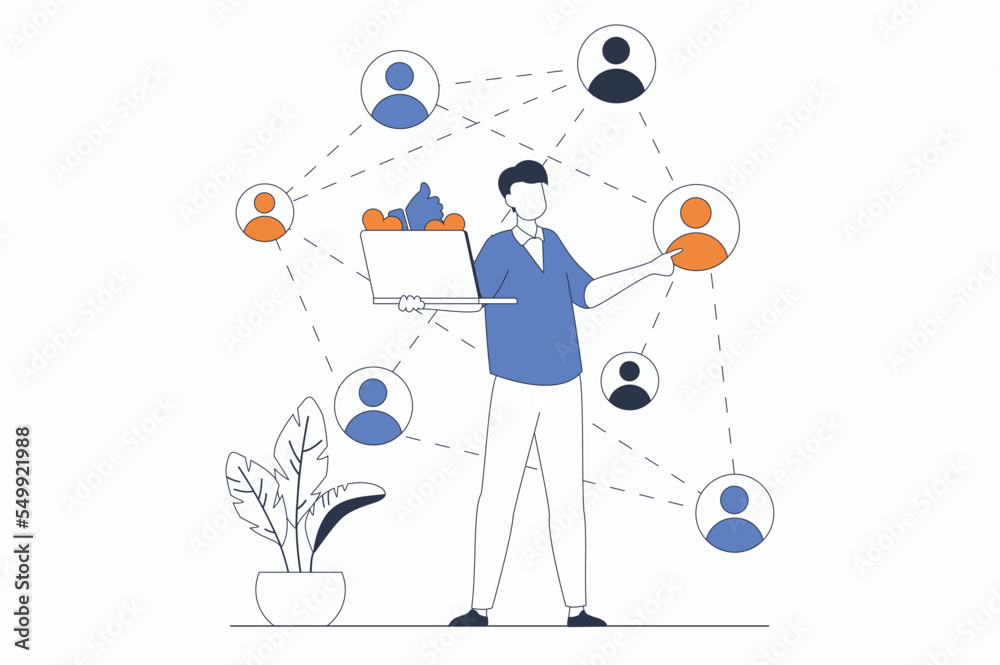 Poster Social network concept with people scene in flat outline design. Man communicates online and interacts with connected groups on Internet. Vector illustration with line character situation for web