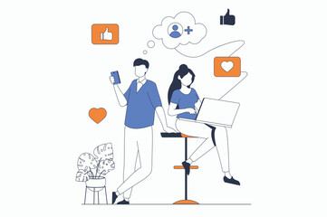 Social network concept with people scene in flat outline design. Man and woman view new posts, put likes and hearts and write comments. Vector illustration with line character situation for web