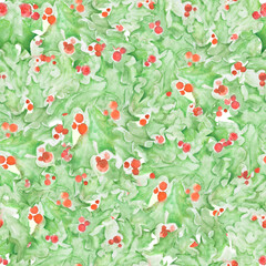 Christmas watercolor floral seamless pattern with abstract  leaves, berries holly branches. Hand drawn winter doodle illustration isolated on white background. For packaging, wrapping design or print.