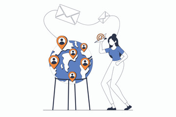 Social network concept with people scene in flat outline design. Woman communicates global online with friends and sending many emails. Vector illustration with line character situation for web