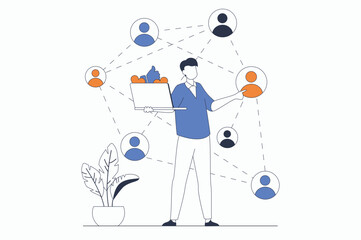 Social network concept with people scene in flat outline design. Man communicates online and interacts with connected groups on Internet. Vector illustration with line character situation for web