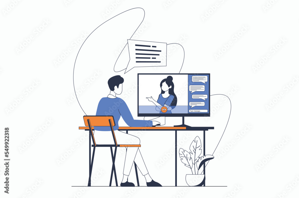 Fototapete Video conference concept with people scene in flat outline design. Man calling woman in zoom using computer app and discusses work tasks. Vector illustration with line character situation for web