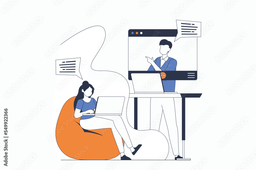 Poster video conference concept with people scene in flat outline design. man and woman colleagues communic