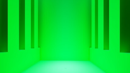 Blank green display on green background with minimal style and spot light. Blank stand for showing product. 3D rendering.
