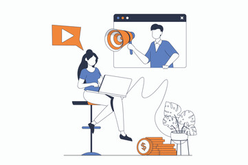 Video marketing concept with people scene in flat outline design. Woman watching video on laptop with promo content. Man promoting online. Vector illustration with line character situation for web