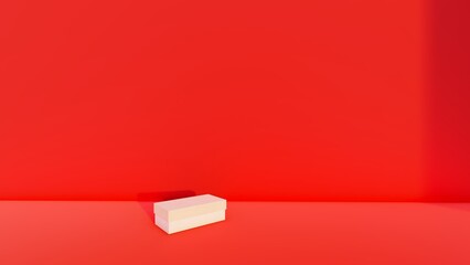 Blank red display on red background with minimal style and spot light. Blank stand for showing product. 3D rendering.