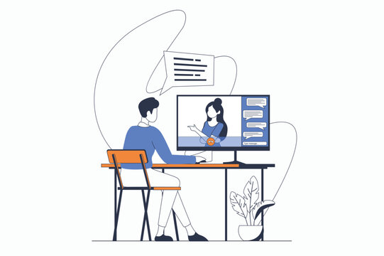 Video conference concept with people scene in flat outline design. Man calling woman in zoom using computer app and discusses work tasks. Vector illustration with line character situation for web