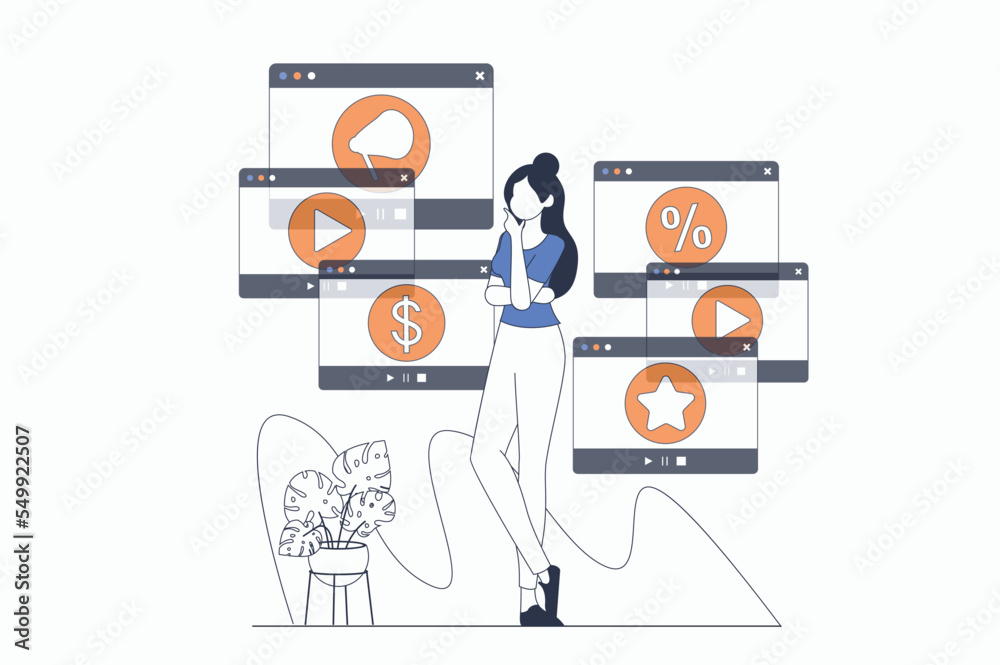 Poster video marketing concept with people scene in flat outline design. woman uses different marketing too