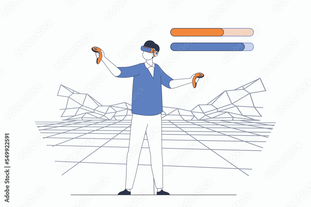 Leinwandbilder virtual reality concept with people scene in flat outline design. man in vr headset and controllers 