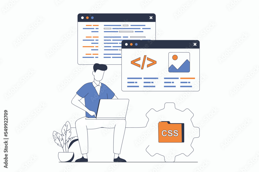 Poster Web development concept with people scene in flat outline design. Man working with code and website layout on different screens using laptop. Vector illustration with line character situation for web