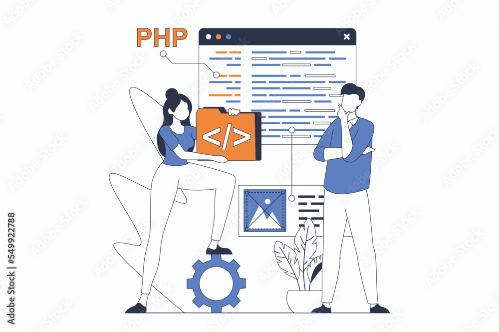 Fototapete web development concept with people scene in flat outline design. woman and man working with php pro