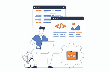 Web development concept with people scene in flat outline design. Man working with code and website layout on different screens using laptop. Vector illustration with line character situation for web