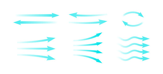 Air flow. Set of blue arrows showing direction of air movement. Wind direction arrows. Blue cold fresh stream from the conditioner. Vector illustration isolated on white background. - 549922911
