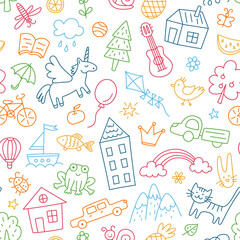 Children drawings seamless pattern. Kids doodle texture. Hand drawn cute house, cat, frog, unicorn. Baby seamless pattern. Editable stroke. Vector illustration on white background.