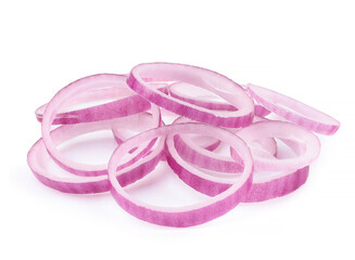 Raw purple onion, rings, heap, isolated on white background