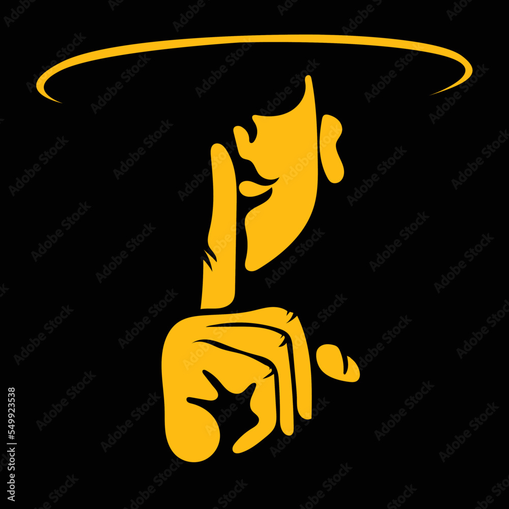 Sticker orange silhouette of a male doing a silence gesture wearing a hat