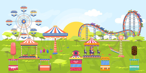 Amusement park horizontal landscape illustration. Activity in summer: carousel, ferries wheel, roller coaster. Entertainment recreation concept. Flat vector.