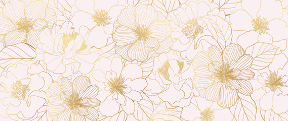 Luxury golden wild flower line art background vector. Natural botanical elegant flower with gold line art. Design illustration for decoration, wall decor, wallpaper, cover, banner, poster, card.  - obrazy, fototapety, plakaty