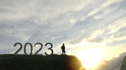 2023 concept text word on mountain view with beautiful sunrise timelapse. sign in celebration of the new year 2023