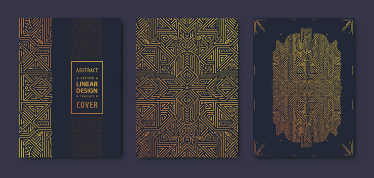 Set of vector art deco, gatsby golden covers. Creative design templates. Trendy graphic poster, brochure, design, packaging and branding. Geometric shapes, ornaments, elements - Powered by Adobe
