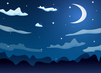 Night cartoon sky with clouds, full moon, moonlight and stars vector background design.
