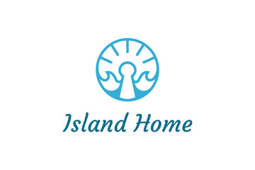 Ocean waves and palm tree combined with simple minimalist and modern shapes suitable for logo and icon