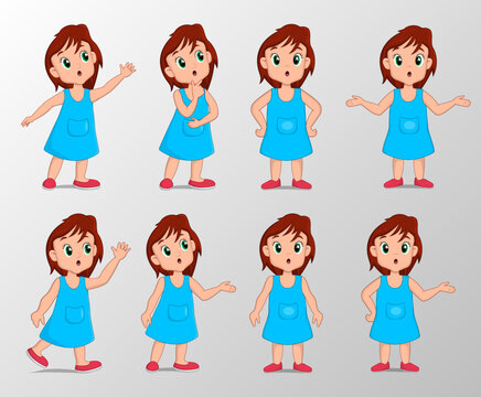 Cute girl with shock gesture expression set vector illustration