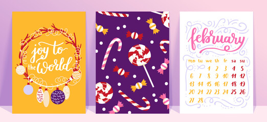 Naklejka premium Vector collection of Christmas poster templates. New year 2023 set of christmas greeting cards. Bright colors. presents and hand written lettering for your invitation and design.