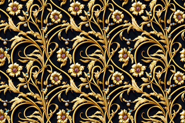 Beautiful gold floral wallpaper. Seamless repeat pattern for wallpaper, fabric and paper packaging, curtains, duvet covers, pillows, digital print design. 3d illustration	