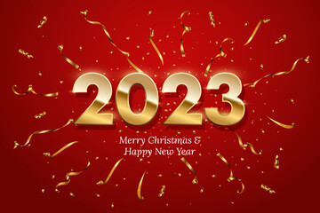 2023 Happy New Year greeting card vector template. Festive Christmas square social media banner design with congratulations. Golden numbers with confetti realistic illustration on red background