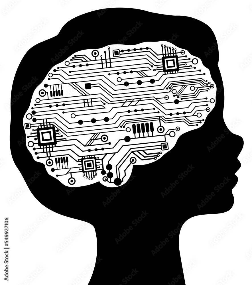 Poster beautiful communication baby profile with circuit techno human brain. artificial intelligence, cyber