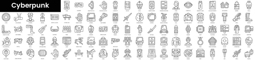 Set of outline cyberpunk icons. Minimalist thin linear web icon set. vector illustration.