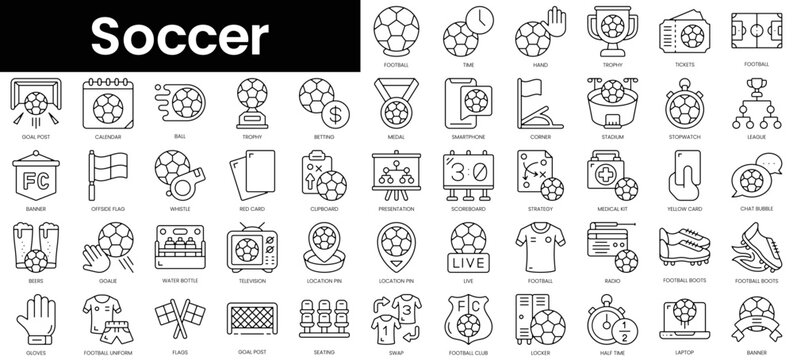 Set of outline soccer icons. Minimalist thin linear web icon set. vector illustration.