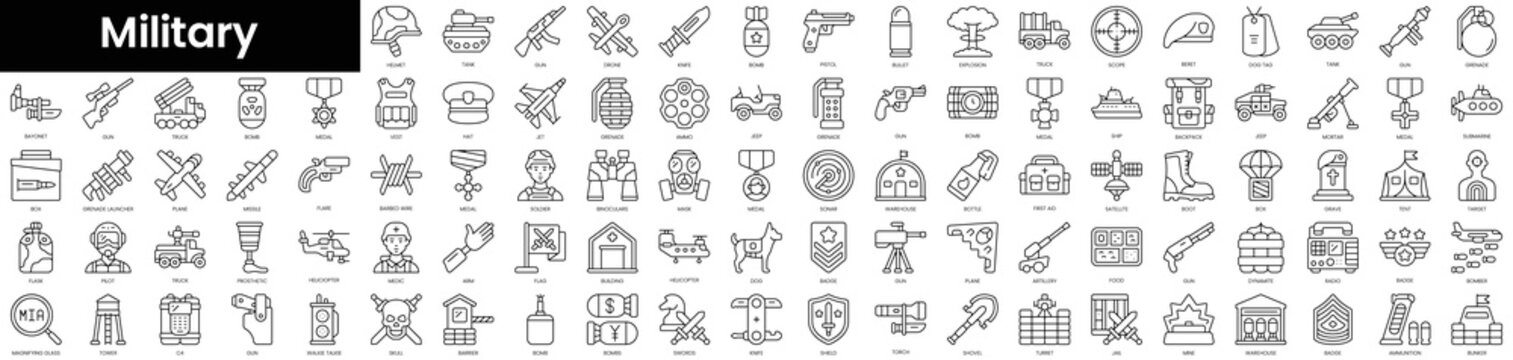 Set of outline military icons. Minimalist thin linear web icon set. vector illustration.