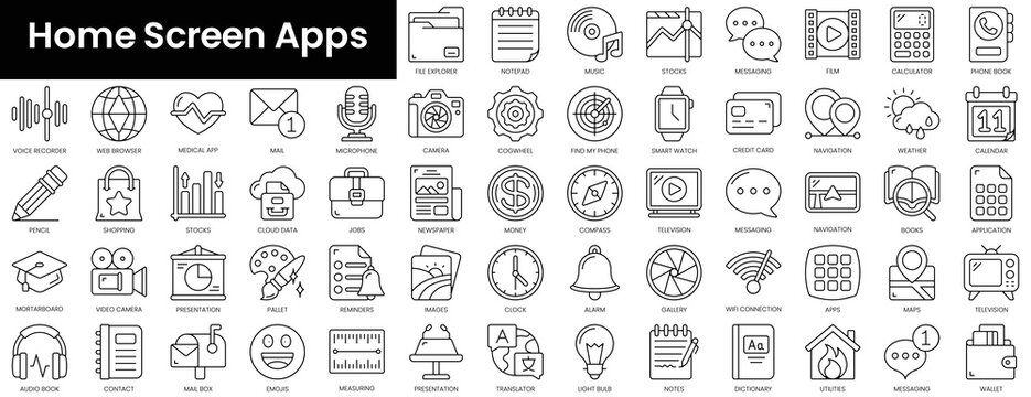 Set of outline home screen apps icons. Minimalist thin linear web icon set. vector illustration.