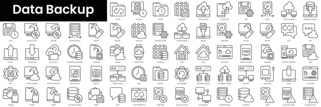 Set Of Outline Data Backup Icons. Minimalist Thin Linear Web Icon Set. Vector Illustration.