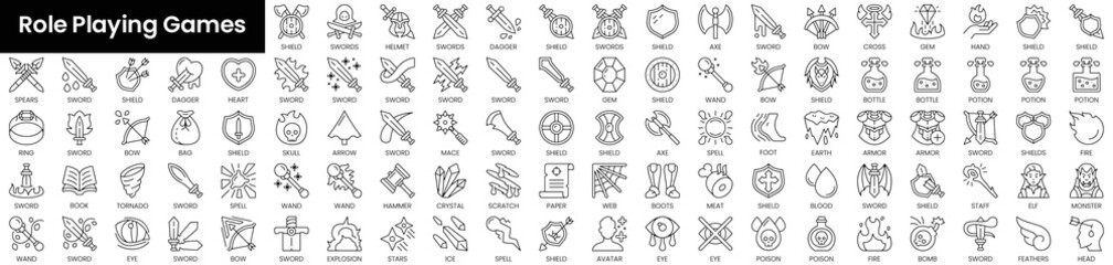 Set of outline role playing games icons. Minimalist thin linear web icon set. vector illustration. - obrazy, fototapety, plakaty