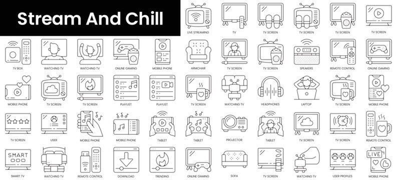 Set of outline stream and chill icons. Minimalist thin linear web icon set. vector illustration.