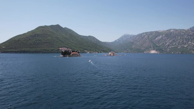 Aerial View of Kotor Bay, Montenegro and Monaster and Church on Small Islands, Landmarks and Tourist Attractions