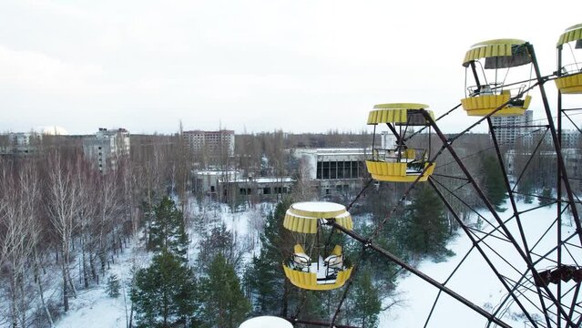 Abandoned Pripyat city in Chernobyl disaster exclusion zone in winter.