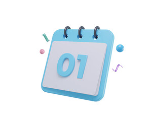 3d Render calendar icon start date from 01 or first day with white paper and event reminder