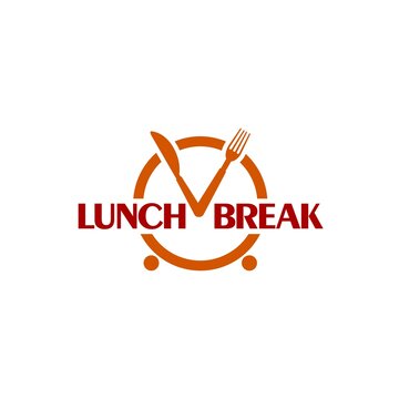 Clock cutlery with text Lunch break logo isolated on white background