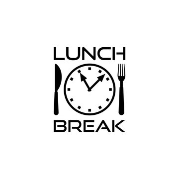 Clock cutlery with text Lunch break logo isolated on white background