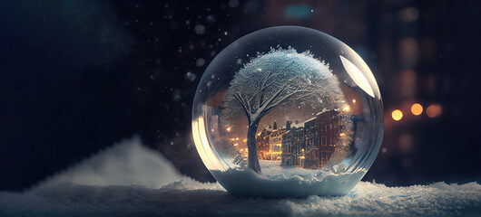 Christmas tree in glass ball on snow. Glitter lights. Christmas wishes. New Year wishes. 