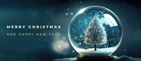 Christmas tree in glass ball on snow. Glitter lights. Christmas wishes. New Year wishes. 